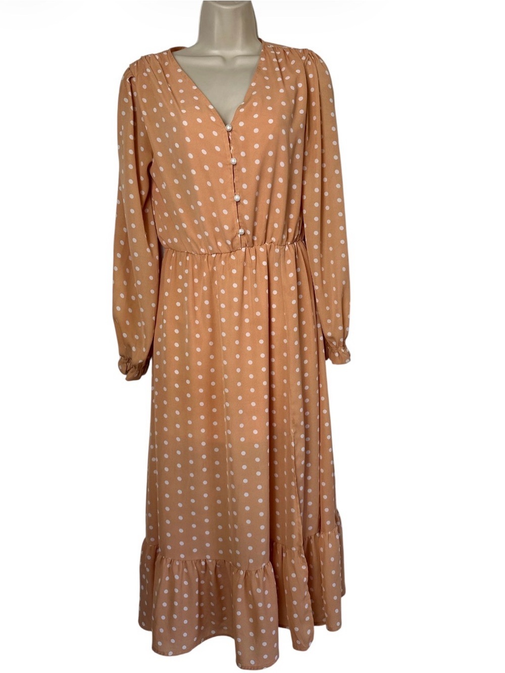 PrettyGarden Polka Dot Peach Maxi Dress with V-Neck